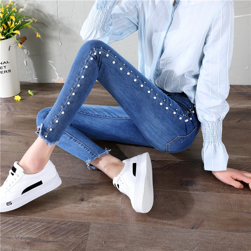 

Hight Waist Jeans Summer 2018 Skinny Pearl Jeans Wash Jeans Blue Zipper Fly Plain Side Stripe Denim Jeans Women Casual Trousers