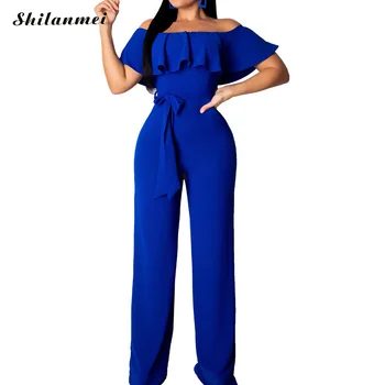 

Ruffle Off Shoulder Sexy Jumpsuit Summer Fashion Slash Neck Backless Bodysuit High Waist Belted Overalls For Women Wide Leg Pant