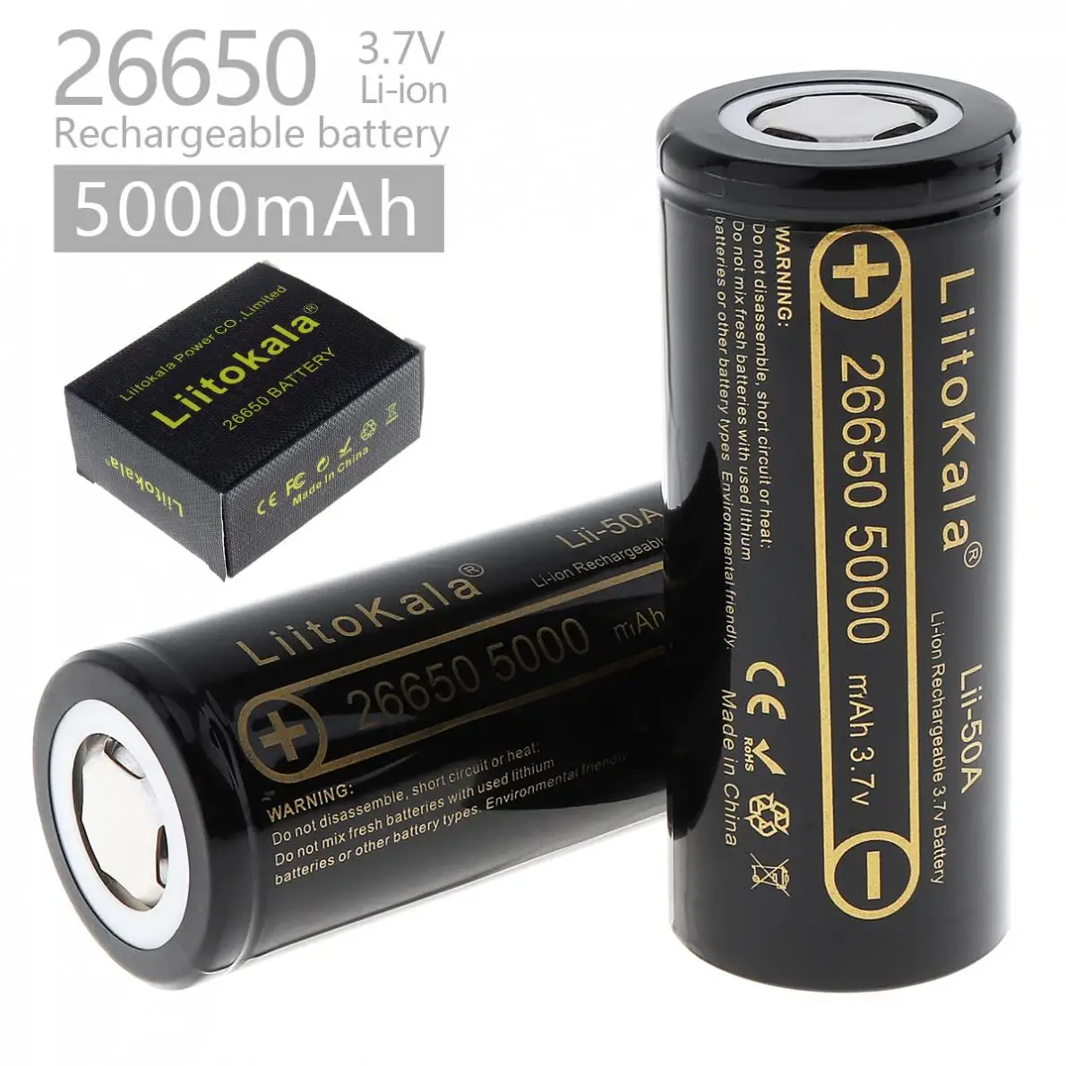 

LiitoKala 2 Pieces 3.7V 26650 Battery 5000mAh Li-ion Rechargeable Battery with Safety Relief Valve for Flashlights Headlamps toy