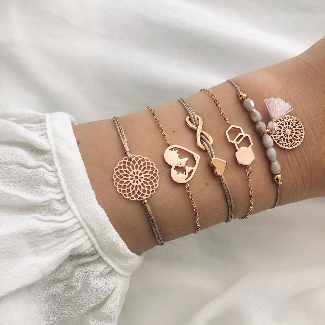 5 Pcs/ Set Classic Heart Map Bead Rope Geometric Multilayer Bracelet Women Fashion Bohemian Party Jewelry Gift | Украшения и
