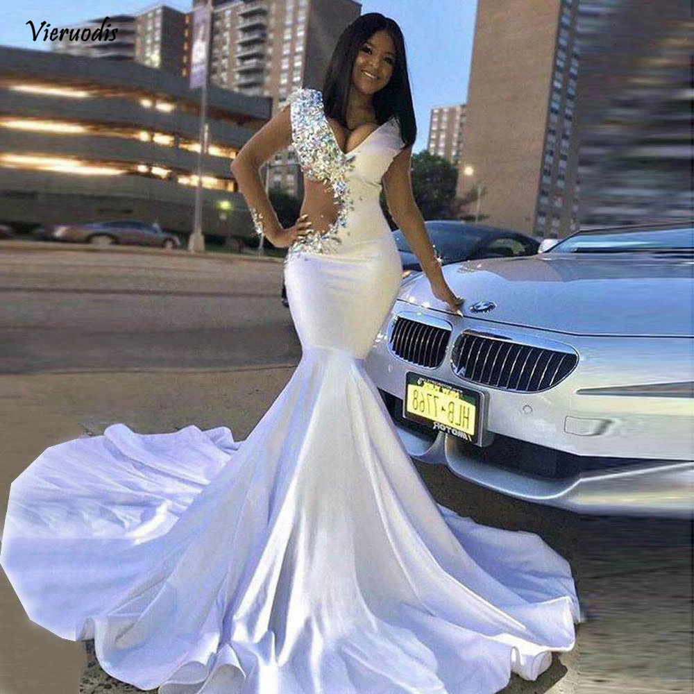 

Long Prom Dresses 2019 Sexy V-neck Crystals New Design Elegant African White Mermaid Prom Dress For Party