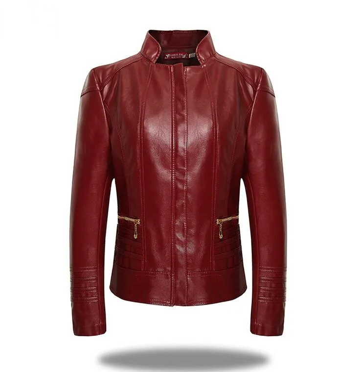 

2018 New Fashion Women Leather Jacket Long Sleeve Slim PU Faux Leather Soft Jacket Blazer Red Plus Size Women Coat