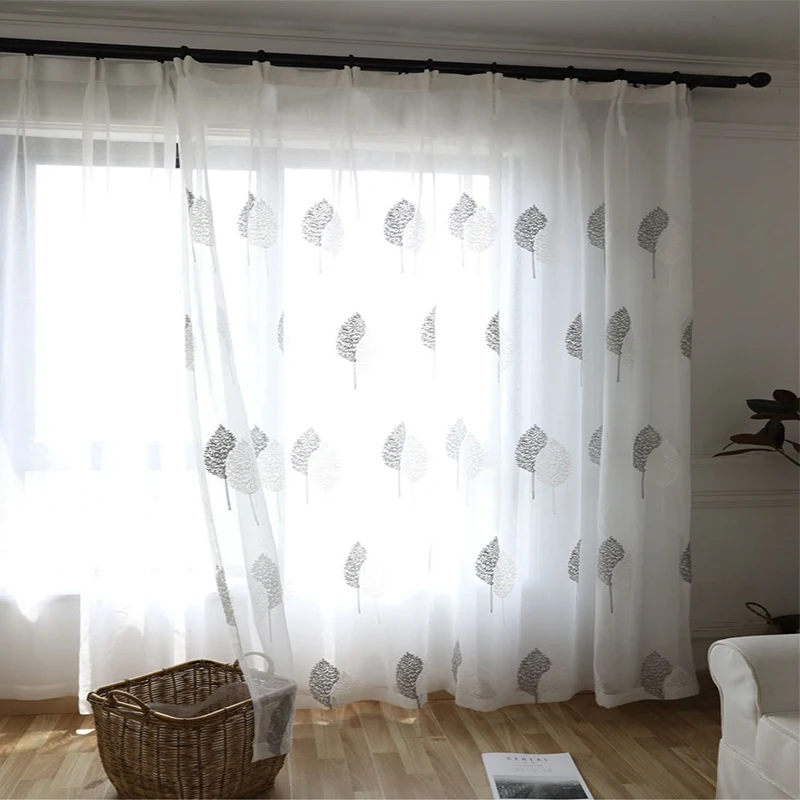 

White Gray Banyan Leaves Embroidery Curtains Window Sheer Tulle Bedroom Drapes Nordic Style Curtains Yarn Voile For Living Room