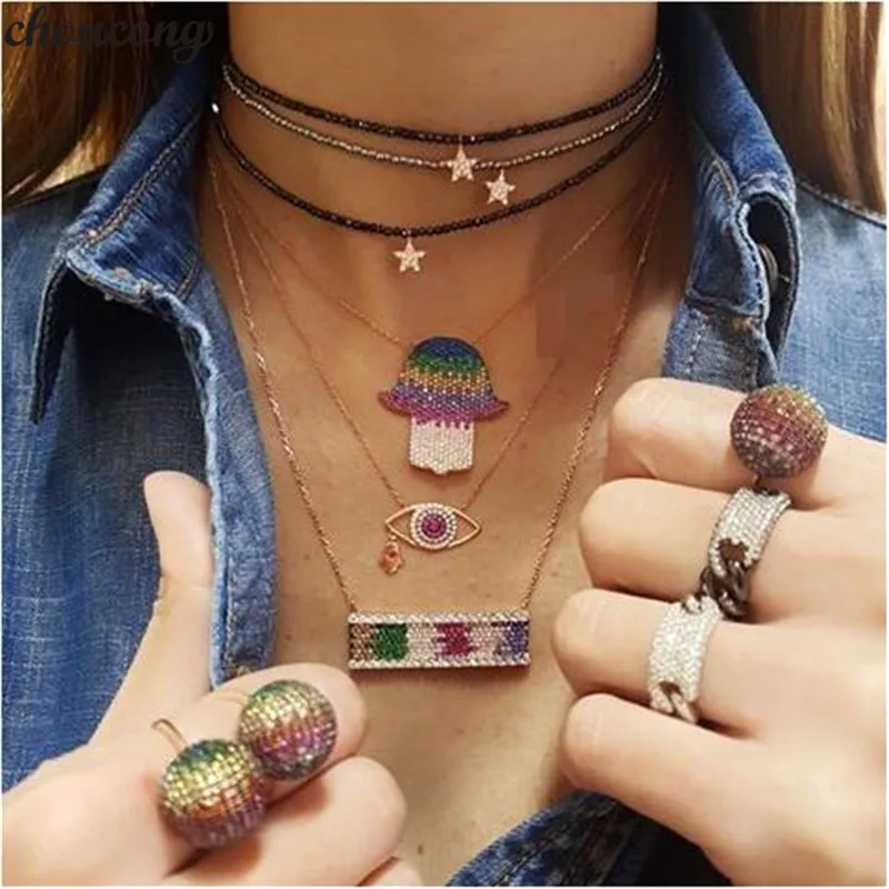 

Choucong 2019 Bohemia colorful cz paved hamsa hand Turkish evil eye design Hand Boho fashion Pendant necklace for women Party