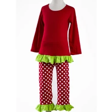 Хорошее качество с длинным рукавом Красный рюшами белые пятна Рождественская Пижама хлопок детская одежда для отдыха пижамы