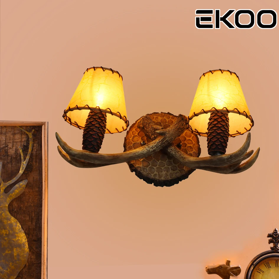 

EKOO American village Rustic Deer Antler pine cone lampshade Wall Lamp Lighting Vintage Industrial Hand-made for Home light
