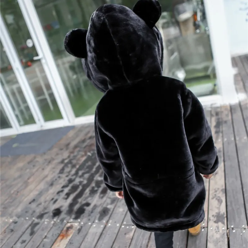 CROAL CHERIE 70-120cm Cute Bear Ear Winter Jacket Boys Hooded Flannel Warm Girls Coats Kids Infant Overcoat Black (9)