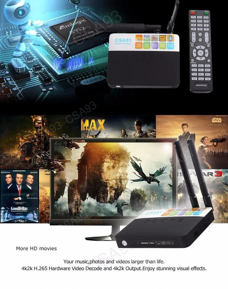 CSA93 Amlogic S912 Восьмиядерный процессор ARM 2G/16G Android 6,0 tv Box WiFi BT4.0 2,4G/5,8G H.265 4K Smart медиаплеер