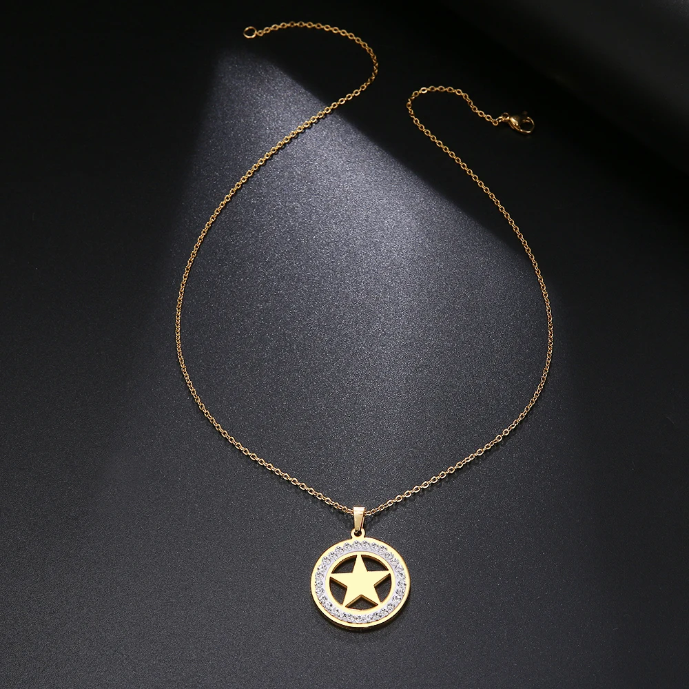 Cacana Stainless Steel Crystal Round Pendants Necklace Women Jewelry Pentagram Trendy Necklaces  Donot Fade Valentine's Day Gift (1)