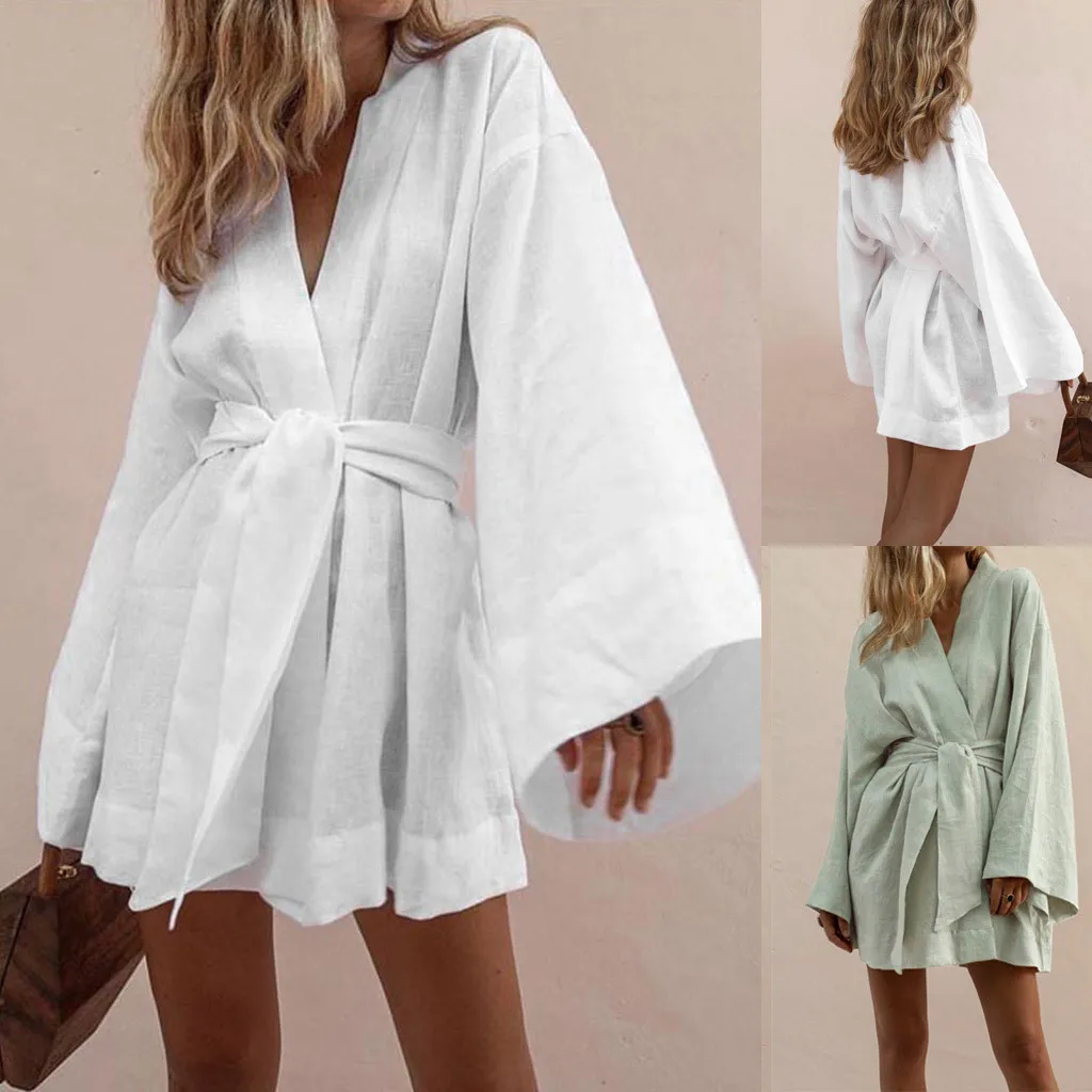 

Women Cotton dress Casual Lazy Beach Loose Dress daily easy V Neck Slim Summer Lapel Lace Temperament Elegant dresses robe#ss