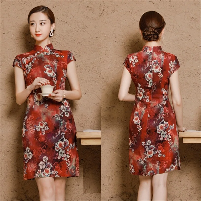Women Linen Cotton Shanghai Plus Size Cheongsam Qipao Dresses XXXL 4XL 5XL Summer Short Chinese Traditional Printing Elegant  (27)