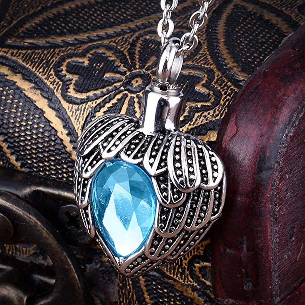 MagiDeal Faceted Gem Rhinestone Heart Stainless Steel Feathers Shape Urn Ash Pendant Cremation Charms