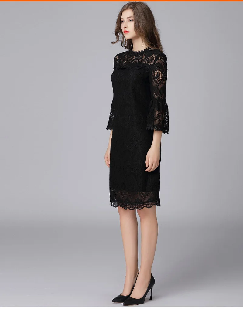 Hollow Out Lace 3/4 Flare Sleeve Elegant Dress