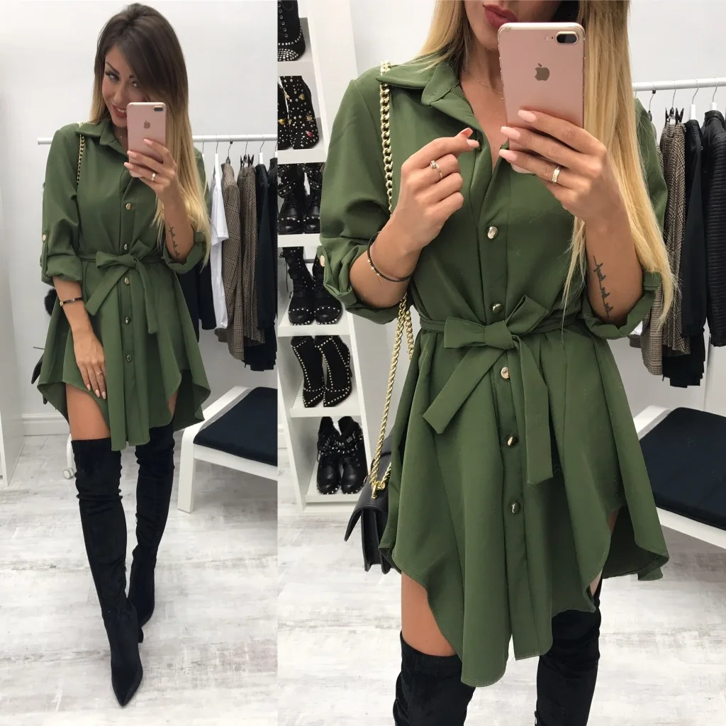 

T10 2018 new long sleeve lapel lace dress single-breasted irregular ladies shirt dress