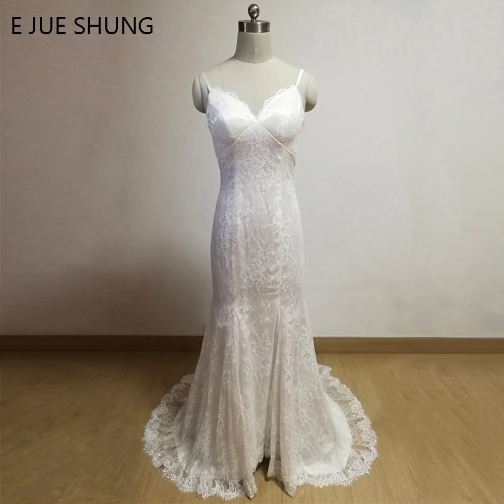 

E JUE SHUNG White Lace Mermaid Beach Wedding Dresses V-neck Spaghetti Straps Cheap Wedding Gowns robe de mariage