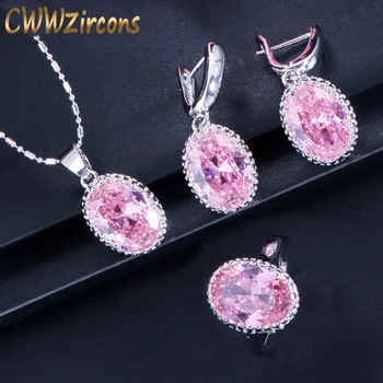 

CWWZircons Round Purple Pink Anstrian Crystal Ladies Jewelry Jewellery Sets 3 pcs CZ Pendant Necklace Earring and Rings T271