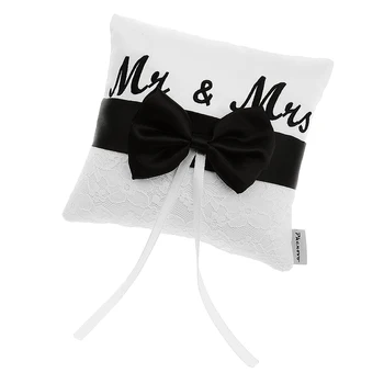 

Black White Ribbon Bowknot Wedding Ring Bearer Pillow 15cm x 15cm for Wedding Party Decoration Gift Favor