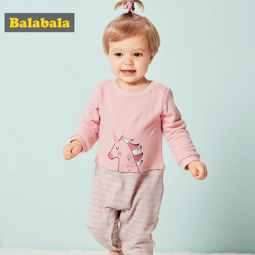 

Balabala Baby 100% Cotton Jumpersuit Cartoon Print Infant Newborn Baby Girl Boy One-Piece Romper with Open Shoulder Ribbed Hem