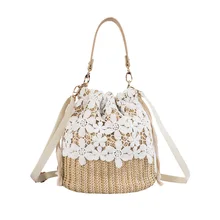 New Drawstring Women's Straw Bucket Bag Summer lace Shoulder Bags Beach Handbag Straw Handbags Travel Bag summer travel handbags drawstring basket bag leisuretote hair ball lace bohemian beach bag for women retro handmade straw bags