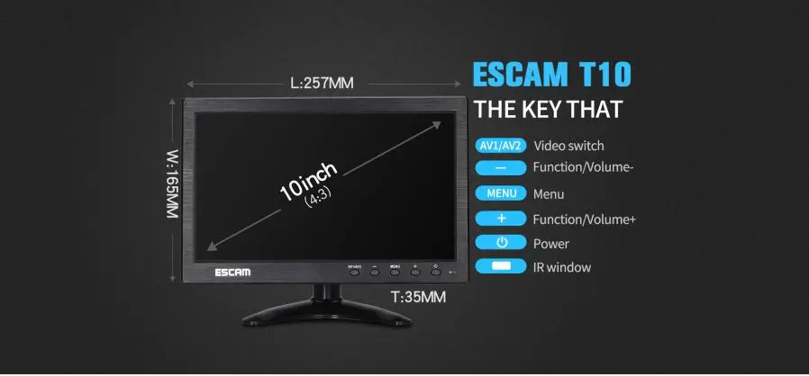 ESCAM T10 10 дюймов TFT ЖК-дисплей 1024x600 монитор с VGA HDMI AV BNC USB для ПК видеонаблюдения Камера