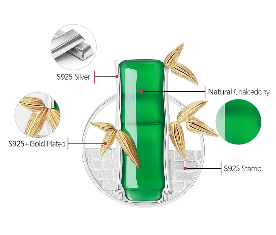 Свежие и Характер Бамбука Прикалывать Брошь Ручной Работы Этнические Украшения Новые Подлинная Стерлингового Серебра 925 Ювелирные Зеленый Хризопраз Джейд