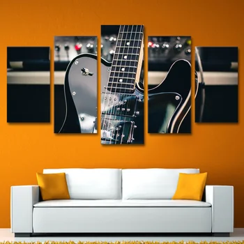 

5 Panels Home Decoration Wall Art Pictures Posters Black Guitar Musical Instrument Decoration for Living Room No Framed