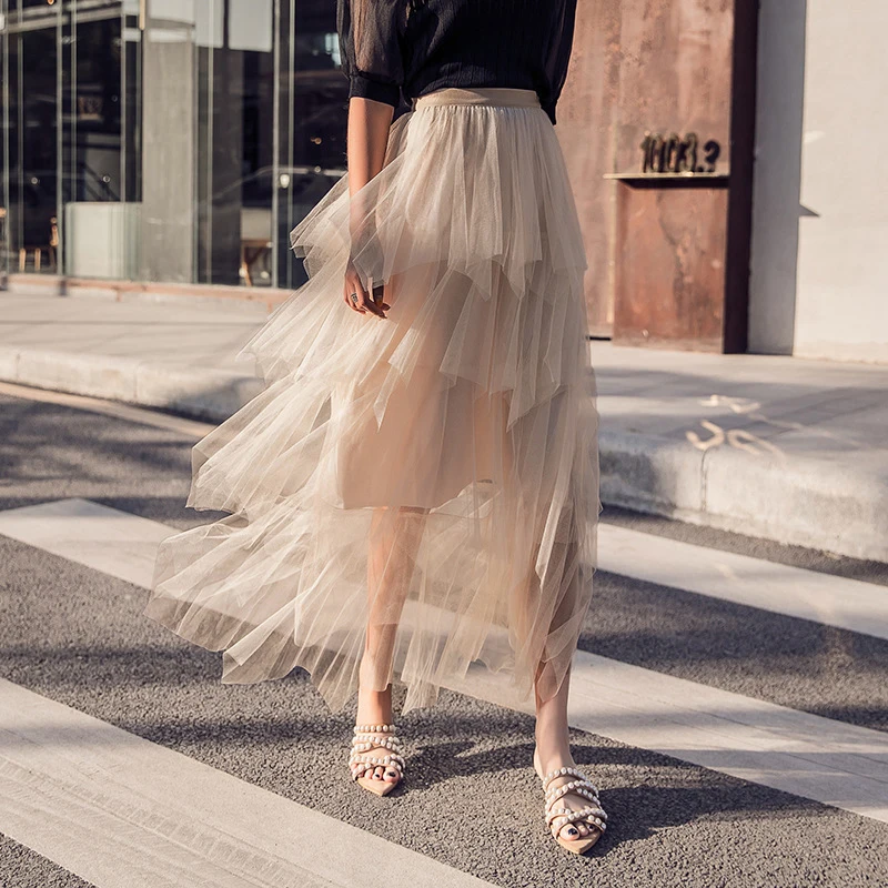CHICEVER летняя Милая Асимметричная сетчатая Женская юбка эластичная высокая Талия бальное платье длиной до щиколотки юбка для женщин модная новинка