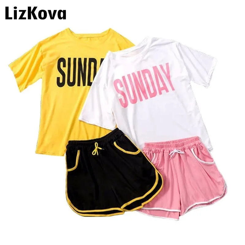 

2019 Summer Tracksuits Women Leisure 2 Piece Pajamas Set Sunday Printing T-Shirts Korean Student High Waist Hot Shorts Plus Size