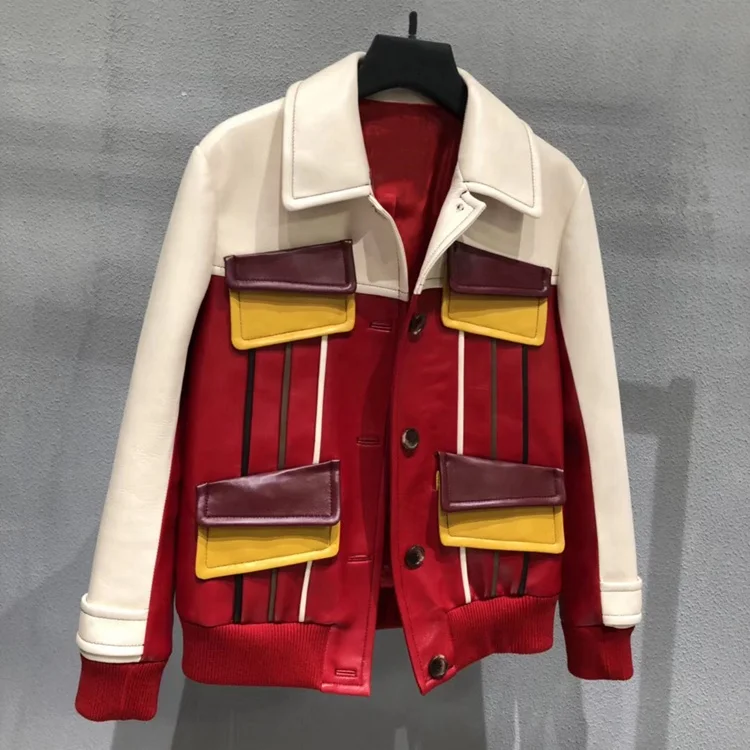 

2019 Autumn Ladies Leather Coats Casual Mix Color Single Breasted Motorcycle Women Real Leather Bomber Jacket With Pocket