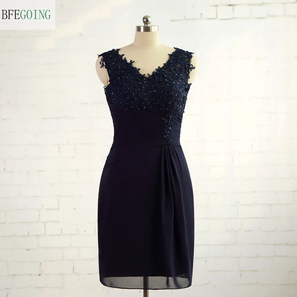 

Chiffon V-Neck Sheath Formal Bridesmaid Dress Knee-Length Sleeveless Appliques Beading Real/Original Photos Custom made