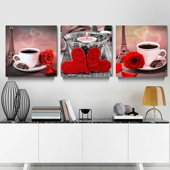 

3 Panel Printed Classical Still Life Coffee Rose Kitchen Canvas Painting Cuadros Canvas Wall Picture For Living Room