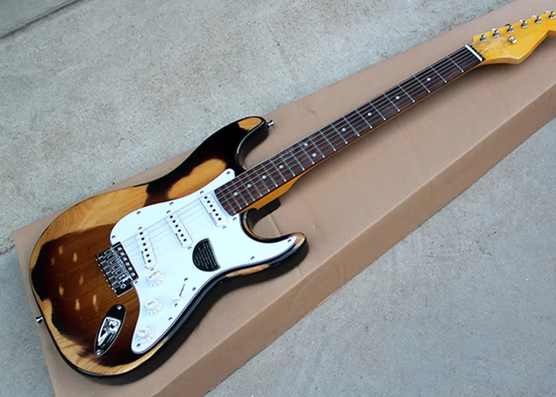 

Tobacco Sunburst Retro Body Electric Guitar with White Pickguard,Maple Fretboard,Offer Customized