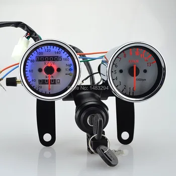 

2Keys& Turn On/Off Loker Universal Motorcycle Odometer W/ LED Indicators Turn Signal + Tachometer Speedometer Tacho Gauge