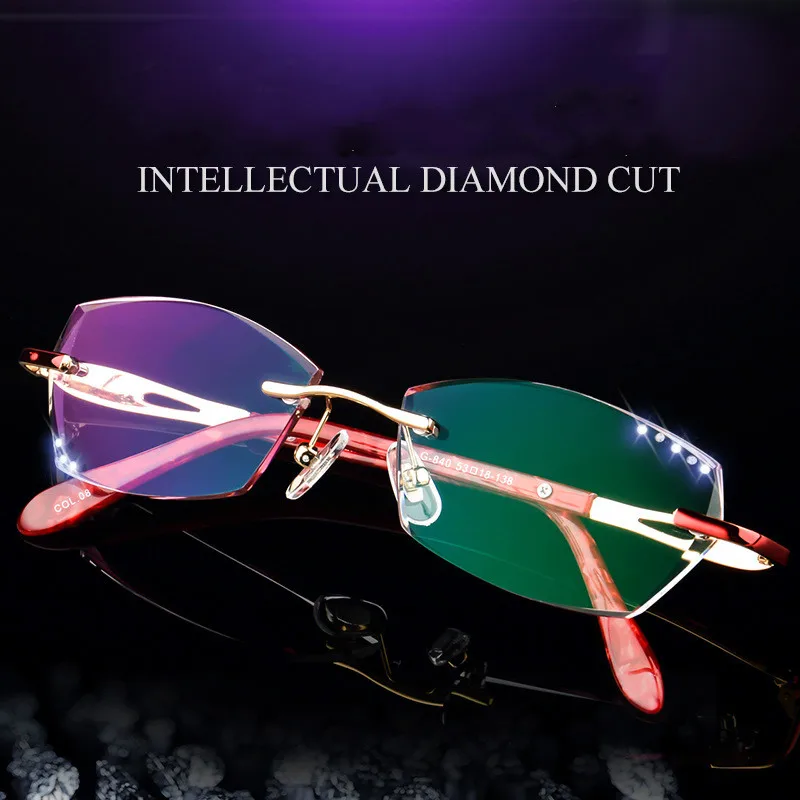 Luxury Rhinestone Reading Glasses Women Diamond Cutting Rimless Glasses