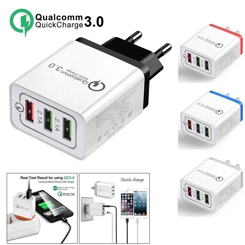 سريع تهمة 3.0 جدار شاحن 18 W QC 3.0 USB المحمولة محول السفر 3-USB الطاقة ميناء سريع شحن للهواتف الذكية أقراص سريع تهمة 3.0 جدار شاحن 18 W QC 3.0 USB المحمولة محول السفر 3-USB الطاقة ميناء سريع شحن للهواتف الذكية أقراص