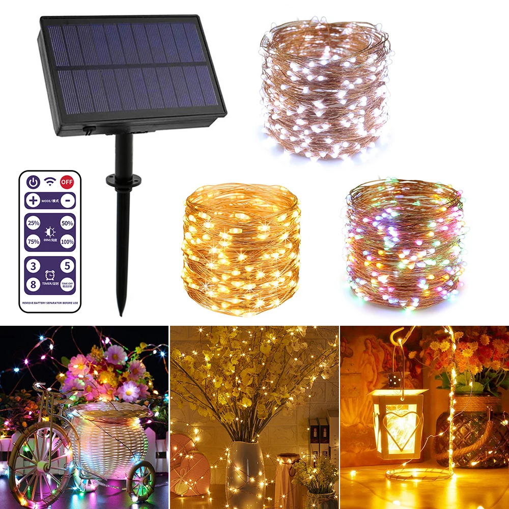 

100/200 LED Solar String Light 12/22 Meter Solar Lamp Outdoor Waterproof Copper Wire Lights Remote Control Fairy Holiday Party