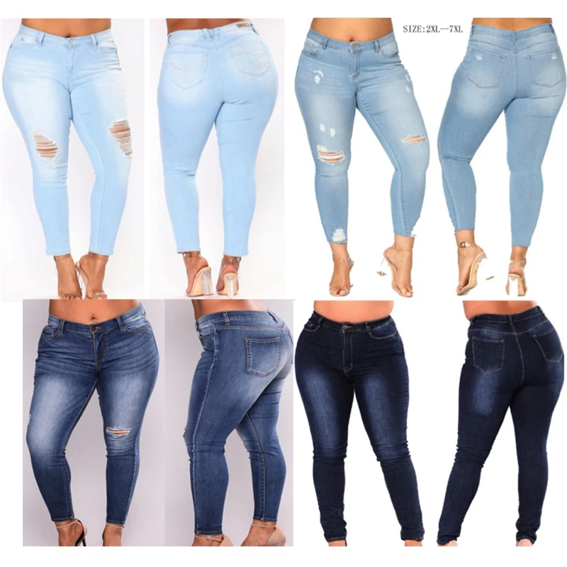 

ripped hole PLUS SIZE sexy Jeans Women High Waist Pencil black Denim Pants women ripped hole washed stretch elastic Jeans women