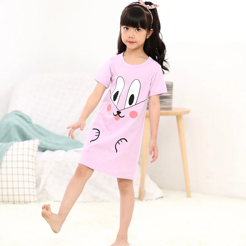 Хлопок рубашка маленьких подростков пижамы для девочек платья Детская Летнее платье с героями мультфильмов Ночная Рубашка домашняя одежда дети gecelik пижамы - Цвет: Лаванда
