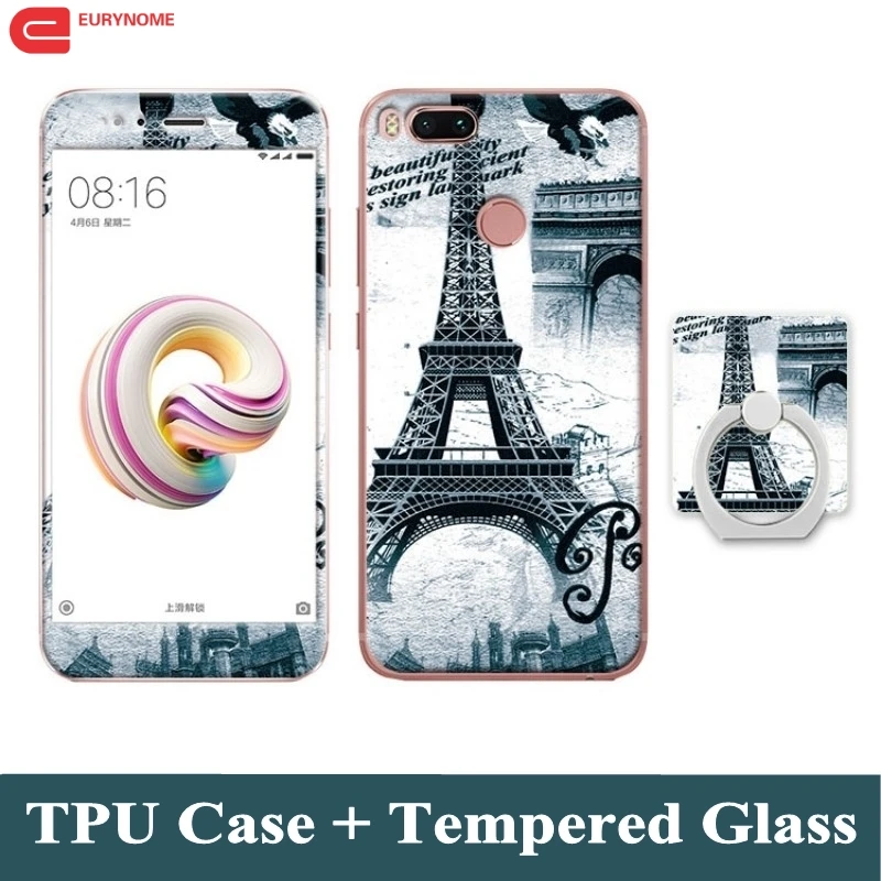 Cartoon Case For Xiaomi Mi 5x Mi5x M5X Finger Ring Eiffel Flower Soft Tpu Cover for A1 With Tempered Glass Film |