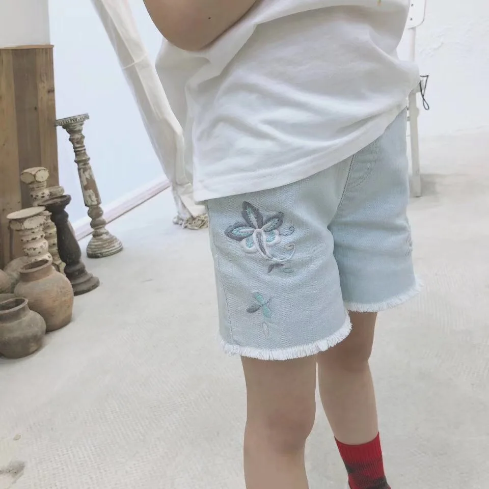 

baby short pants 2019 new design girls pants Cotton light blue flower embroidery baby shorts kids jeans