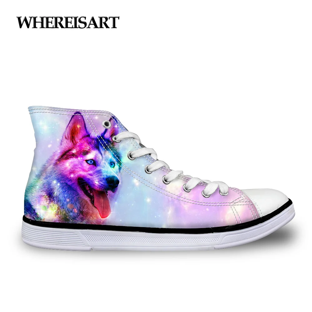 

WHEREISART Galaxy Women Fashion Autumn Casual Shoes Cute Animal Dog Husky Printed Women's High Top Vulcanize Shoes Feminino