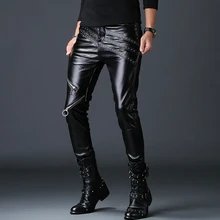 Мужские модные обтягивающие брюки из искусственной кожи с фальшивыми молниями, одежда для ночного клуба, теплый, Облегающая посадка брюки из искусственной кожи, полная длина