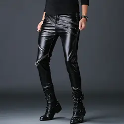 Для мужчин модные узкие штаны из искусственной кожи Поддельные молнии ночной клуб мотоциклетные костюмы теплые slim fit искусственная кож