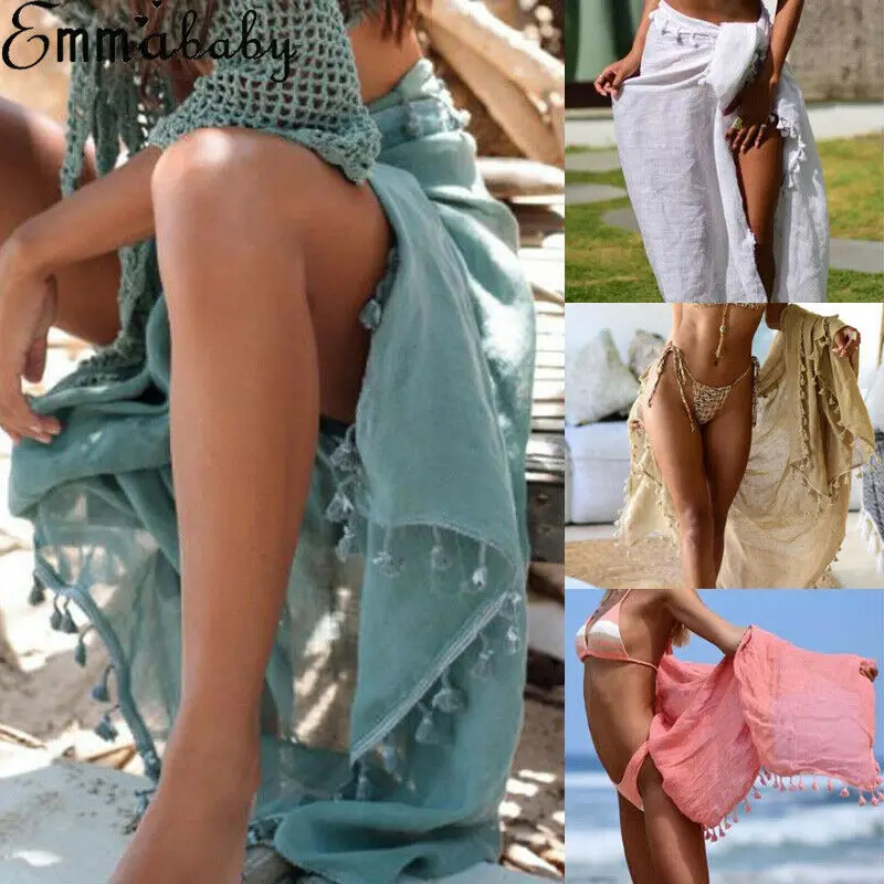 Women Boho Beach Solid Cover Up With Tassel Skirt Ladies Sexy High Waist Bathing Skirts | Женская одежда