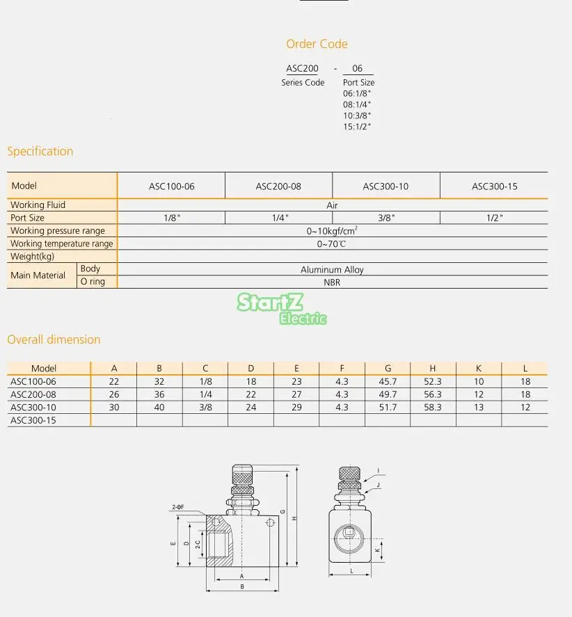 One-Way pneumatique G1/8'' Air Flow Speed Control Valve Accélérateur soupapes ASC-06 
