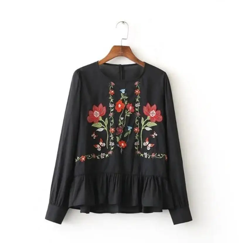FEITONG 2017 Fashion Women Long Sleeve Blouse Embroidery Floral Shirts
