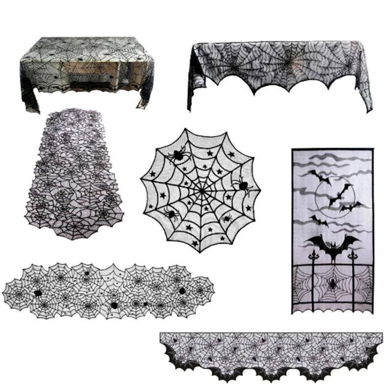 

Halloween Party Decoration Props Black Lace Spiderweb TableCloth Fireplace Mantle Scarf Cover for Halloween Decoration Home