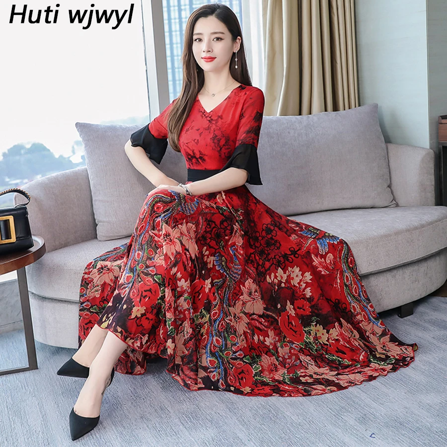 

2019 Red Floral Chiffon Beach Dresses Summer Vintage 3XL Plus Size Print Boho Maxi Sundress Elegant Women Bodycon Party Vestidos