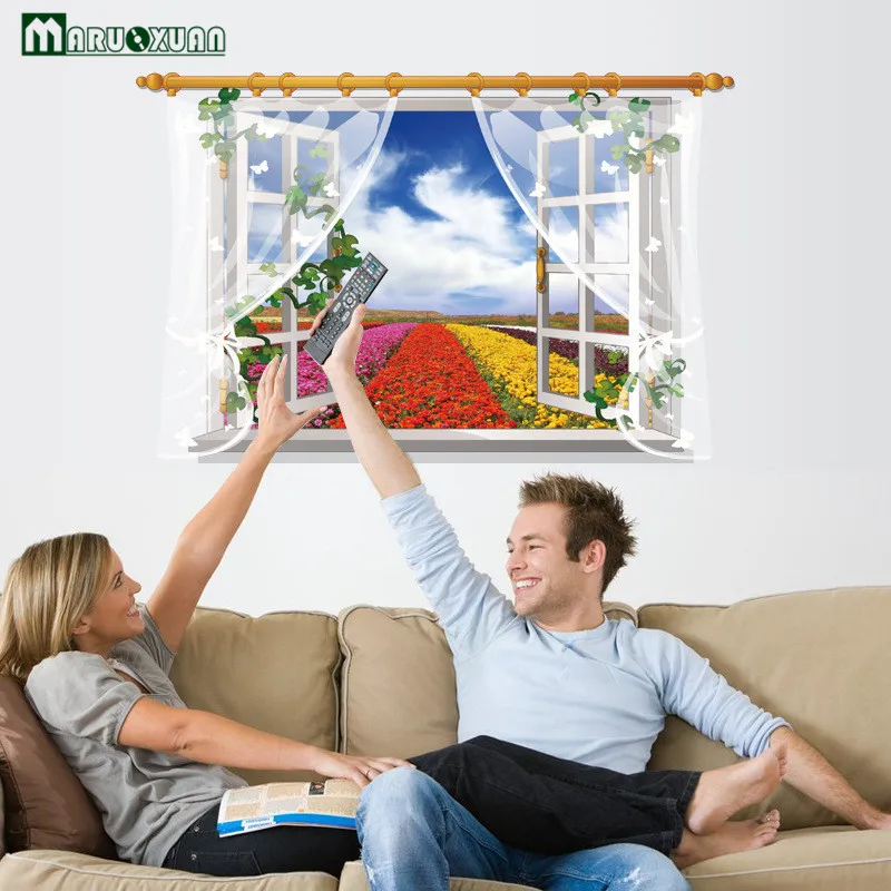 YunXi Colorful Sea View Fake Windows Stickers Bedroom Living Room Sofa