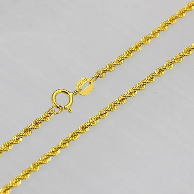 New Real 18k Yellow Gold Chain Women Men Luck 2mmW Rope Chain Necklace